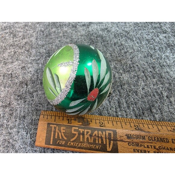 Vintage Green Glass Christmas Ball Ornament Hand Painted Floral 2 Inch - Picture 3 of 4